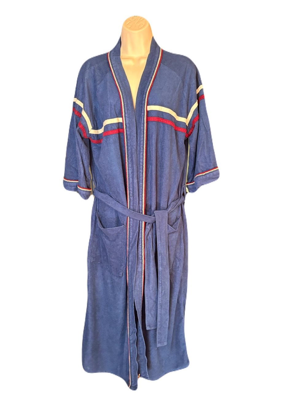 Vintage RCA Robe Corporation of America Blue Velour Varsity Stripe Belted Robe